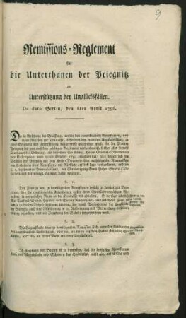 Remissions-Reglement für die Unterthanen der Priegnitz zur Unterstützung bey Unglücksfällen : De dato Berlin, den 6ten April 1796
