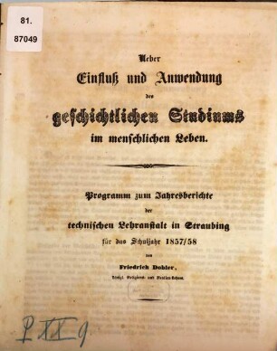 Über Einfluss und Anwendung des geschichtlichen Studiums im menschlichen Leben