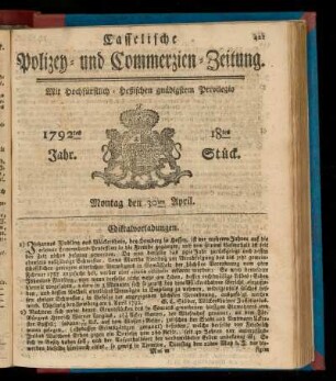 18tes Stück, Montag den 30ten April. 1792