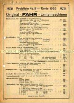 Preisliste No. 5 über FAHR-Erntemaschinen