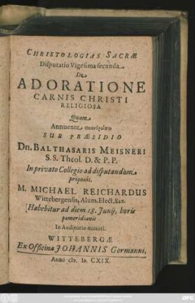 Christologias Sacrae Disputatio Vigesima secunda, De Adoratione Carnis Christi Religiosa