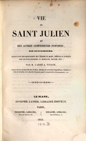 Vie de Saint Julien et des autres Confesseurs Pontifes, ses successeurs