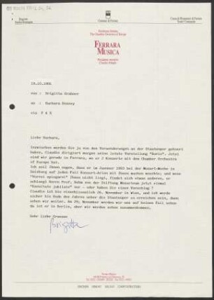 Brief an Barbara Bonney, 19.10.1991