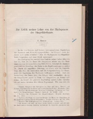 Zur Kritik meiner Lehre von der Phylogenese der Säugethierhaare