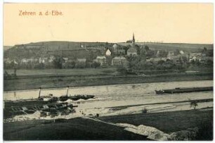 Zehren. Blick auf Zehren mit Elbe und Schleppzug