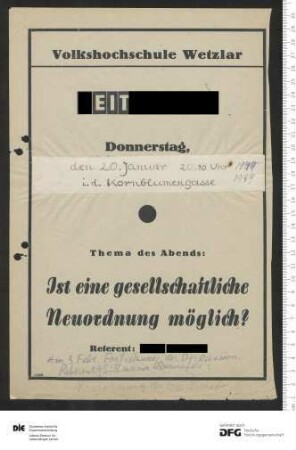 Ankündigung einer einzelnen Veranstaltung 1949