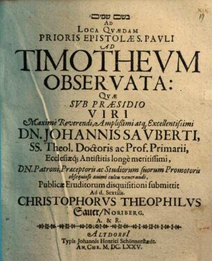 Ad loca quaedam prioris epistolae S. Pauli ad Timotheum observata