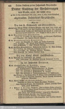 Dritter Nachtrag der Veränderungen vom Septbr. 1808 bis dahin 1809 zu den in den Jahrgängen von 1807, 1808 u. 1809 dieses Calenders abgedruckten Inspections-Verzeichnissen