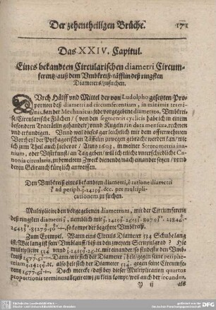 Das XXIV. Capitul. Eines bekandten Circularischendiametri Circumferentz/ auß dem Umbkreiß-täfflin deß ringsten Diameter/ Zusuchen.