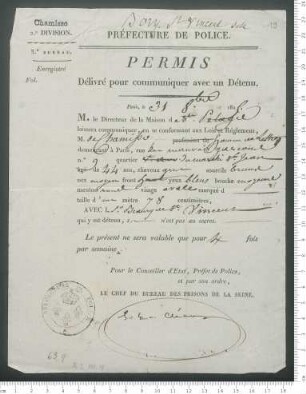 Erlaubnis um Jean-Baptiste Geneviève Marcellin Bory de Saint-Vincent viermal pro Woche im Gefängnis zu besuchen