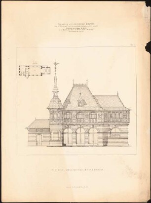 Gartenhalle: Grundriss, Ansicht (aus: Samml. architekt. Entwürfe d. Studierenden der TH Berlin, 1881-1882, hrsg.v. Herrmann Ende)