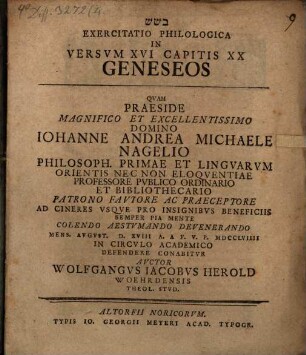 Exercitatio philol. in versum XVI. capitis XX. Geneseos