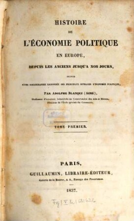 Histoire de l'économie politique en Europe, depuis les anciens jusqu'a nos jours, 1