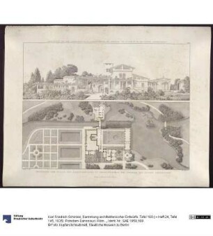 Sammlung architektonischer Entwürfe. Tafel 169 ( = Heft 24, Tafel 145, 1835): Potsdam-Sanssouci. Römische Bäder bei Schloss Charlottenhof. Ansicht von Westen und Grundriss des Gärtnerhauses