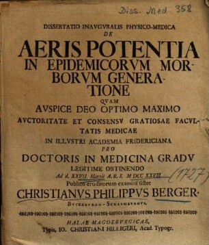 Dissertatio Inavgvralis Physico-Medica De Aeris Potentia In Epidemicorvm Morborvm Generatione