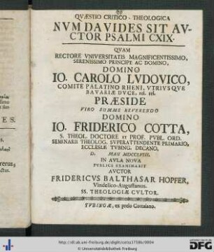 Qvaestio Critico-Theologica, Nvm Davides Sit Avctor Psalmi CXIX