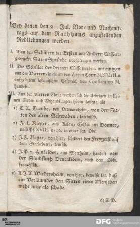 [Programm bey den am 2. Jul. auf dem Rathaus anzustellenden RedUebungen.]