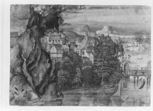 Flußlandschaft mit Stadt und Zugbrücke