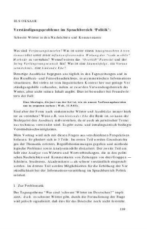 Verständigungsprobleme im Sprachbereich ‘Politik’ : Schwere Wörter in den Nachrichten und Kommentaren