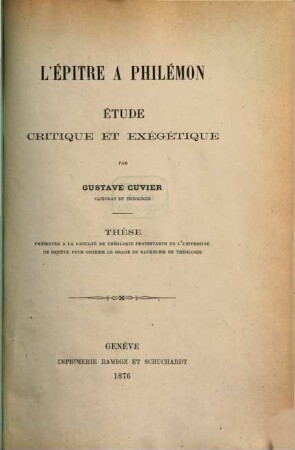 L' épitre à Philémon : Étude critique et exégétique ; thèse