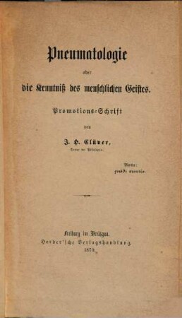 Pneumatologie oder die Kenntniß des menschlichen Geistes