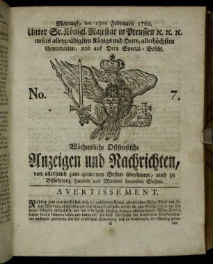 No. 7. Montags, den 18ten Februarii 1760.