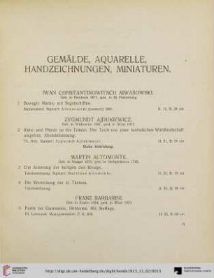 Gemälde, Aquarelle, Handzeichnungen, Miniaturen (Nr. 1-147b)
