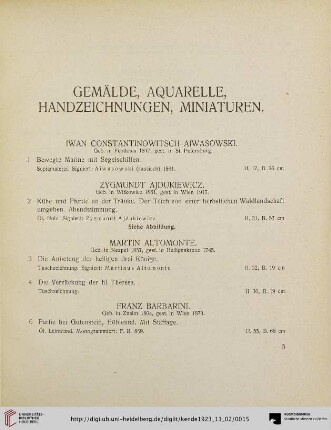 Gemälde, Aquarelle, Handzeichnungen, Miniaturen (Nr. 1-147b)