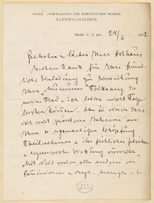 Brief von Hugo von Tschudi an Karl Ernst Osthaus - BSB Autogr. Tschudi, Hugo von