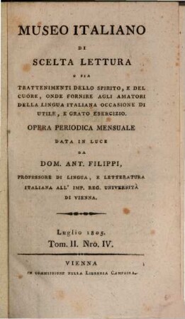 Museo italiano di scelta lettura : opera periodica mensuale. 2. 1805 = Nr. 4 - 6