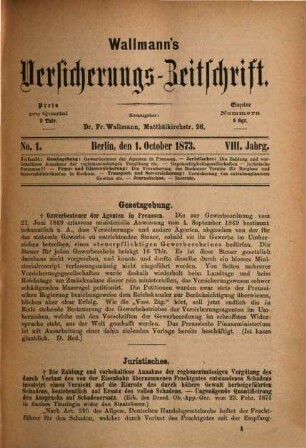 Wallmann's Versicherungszeitschrift, 8,[1]. 1873/74, H. 1 - 54