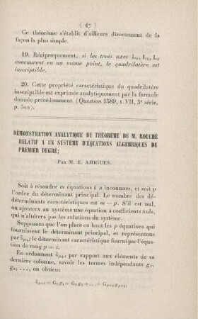 Démonstration analytique du théorème de M. Rouché relatif a un système d'équations algébriques du premier degré.