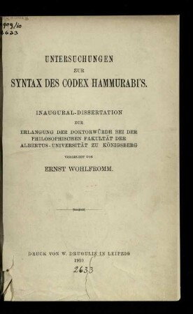 Untersuchungen zur Syntax des Codex Hammurabi's
