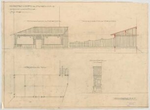 Thiersch, Friedrich von; Moosach bei Glonn; Wirtschaft am Steinsee - Halle (Grundriss, Teilansicht, Schnitte)