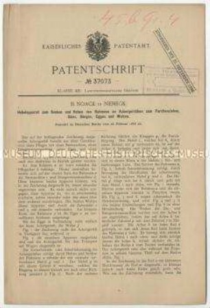 Patentschrift eines Hebelapparates zum Senken und Heben des Rahmens an Ackergeräten zum Furchenziehen, Säen, Düngen, Eggen und Walzen, Patent-Nr. 37073