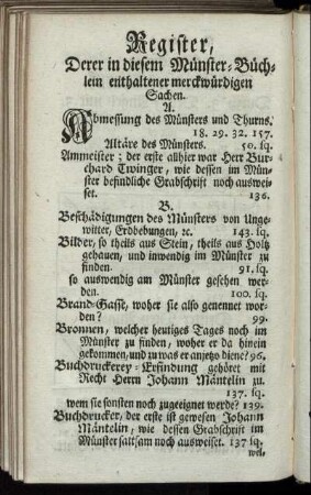 Register, Derer in diesem Münster-Büchlein enthaltener merckwürdigen Sachen.