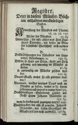 Register, Derer in diesem Münster-Büchlein enthaltener merckwürdigen Sachen.