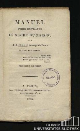 Manuel pour extraire le sucre du raisin : traduit de l'Italien