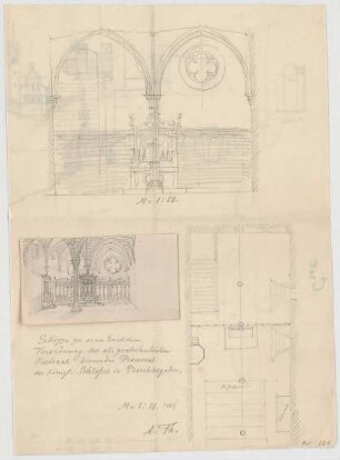 Thiersch, August ; Berchtesgaden (Bayern); Ev. Pfarrkirche - Betsaal (Grundriss, Teilansicht, Perspektive)