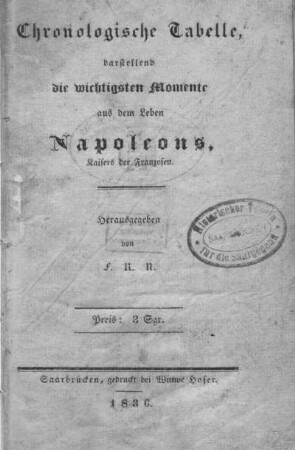 Chronologische Tabelle, darstellend die wichtigsten Momente aus dem Leben Napoleons, Kaiser der Franzosen