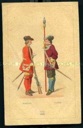 Uniformdarstellung, Musketier und Offizier der Infanterie, Preußen, 1683. Lithographie aus "Der Soldatenfreund"