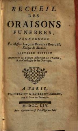 Recueil des Oraisons funebres