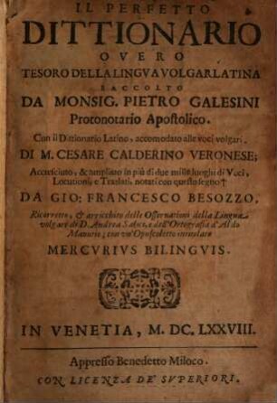 Il perfetto dittionario overo tesoro della lingua volgar latina
