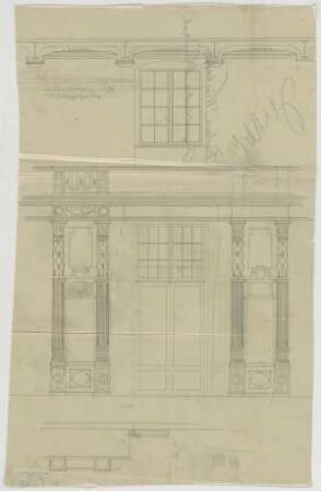 Thiersch, Friedrich von; Wiesbaden; Kurhaus - Weinsaal Westseite (Teilgrundriss, Ansicht, Schnitt)