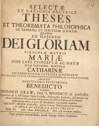 Selectae ex rationis rectrice theses et theoremata philosophica ex generali et spirituum scientia