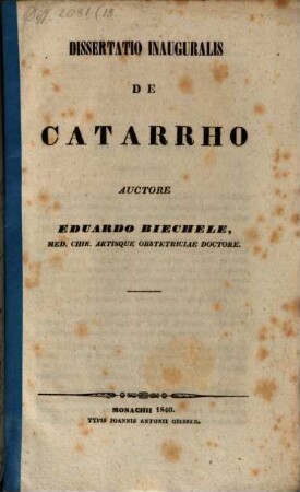 Dissertatio inauguralis De catarrho