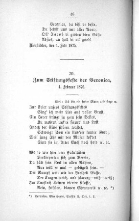 39. Zum Stiftungsfeste der Veronica, 4. Februar 1876.