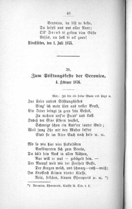 39. Zum Stiftungsfeste der Veronica, 4. Februar 1876.