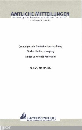 Ordnung für die Deutsche Sprachprüfung für den Hochschulzugang an der Universität Paderborn : vom 31. Januar 2013