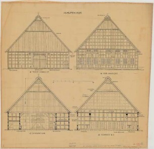 Oldinghausen (Kreis Herford): Sattelmeierhof Ebmeier. Haupthaus (Nordansicht, Südansicht, Schnitte)